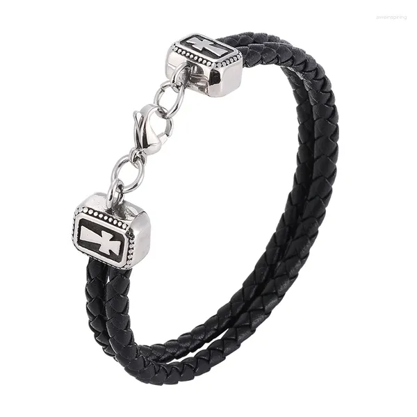 Braccialetti con ciondoli Moda Doppio Strato in pelle intrecciata nera Bracciale trasversale da uomo in acciaio inossidabile Chiusura a moschettone per gioielli da donna SP1090