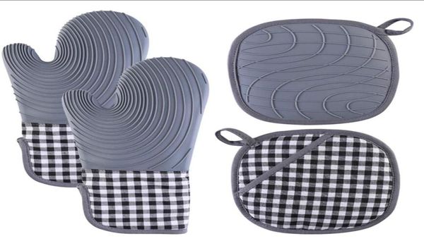 Pads Silikon-Ofenhandschuhe und Topflappen-Sets mit gestepptem Innenfutter, hitzebeständiger Küchenhandschuh, wasserdichte, flexible Handschuhe für Co4803773