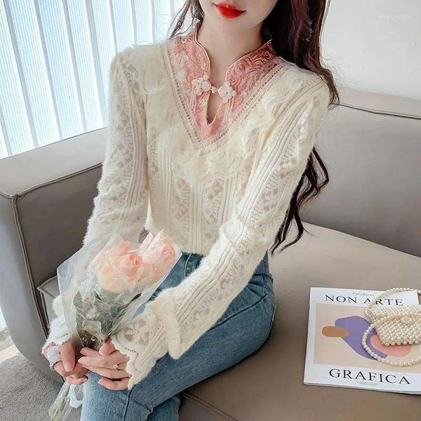 T-shirt da donna Abbigliamento donna T-shirt ricamate in pizzo vintage per le donne Ruffles Stitch Tops T-shirt a maniche lunghe Abiti coreani