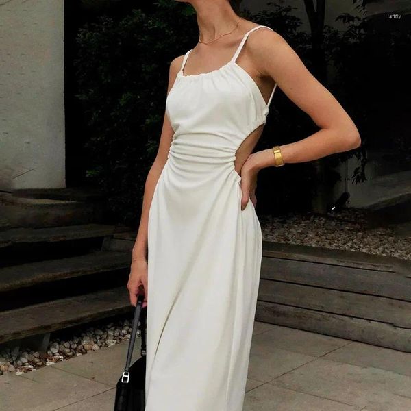 Lässige Kleider Sexy Halfter Mittellanges Kleid Damen Party Eleganter langer Rock 2024 Sommer Italienisches Spaghettiband Massivfarbe