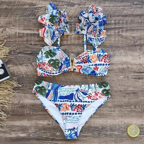 Mulheres Swimwear Bikini Sets Mulheres Ruffle Splice Um Ombro Bra Calcinha Terno de Banho 2024 Moda Imprimir Sexy Praia Cintura Alta Biquinis