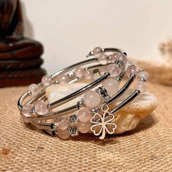 Link pulseiras MG2035-4 design de aço inoxidável pedra preciosa envoltório pulseira moda feminina trevo charme rosa quartzo carnelian pulseira atacado