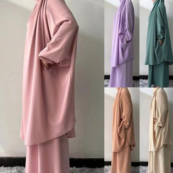 Abbigliamento etnico 2 pezzi Donne musulmane Eid con cappuccio lungo Khimar Abaya Maxi gonna Set Turchia Caftano Abito da preghiera Abito Burqa Islam Ramadan