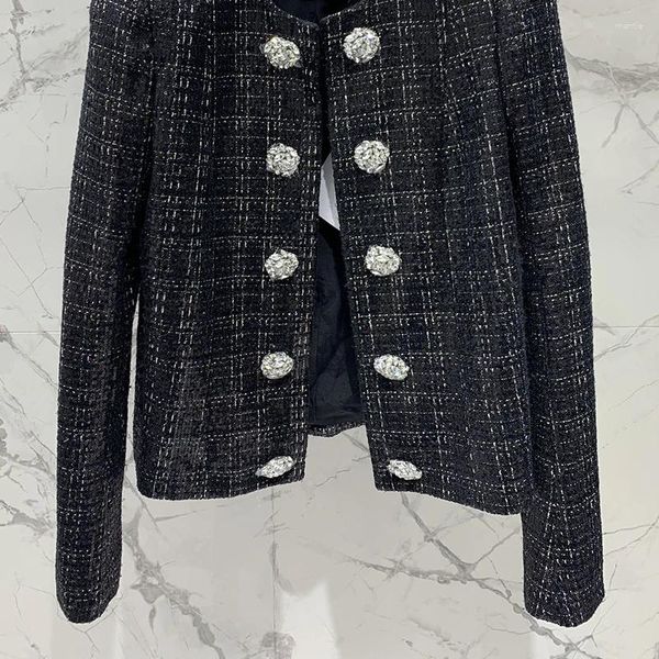 Jaquetas femininas 24 pista mulheres tweed lantejoulas jaqueta de alta qualidade strass botão design solto casaco para meninas em torno do pescoço roupas pesadas