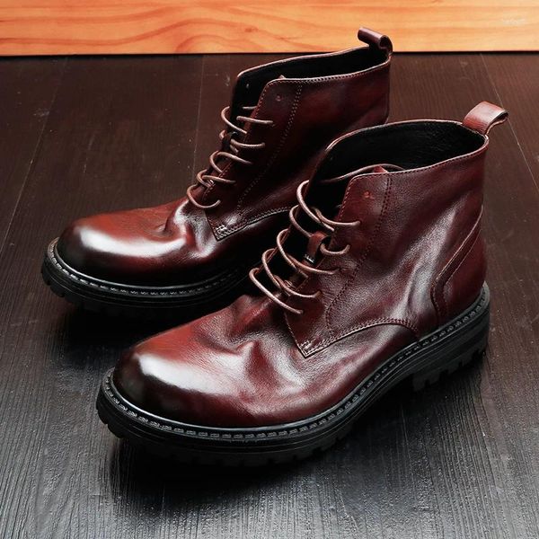 Botas Estilo Britânico Homens Genuíno Couro Sola Grossa Lace Up High Top Trabalho Juventude Moda Casual Tornozelo Masculino Sapatos 5A