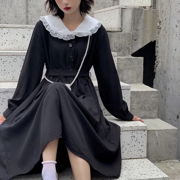 Vestidos qweek outono gótico lolita kawaii vestido feminino peter pan colarinho manga longa preto midi vestido laceup shopping goth japonês haruku