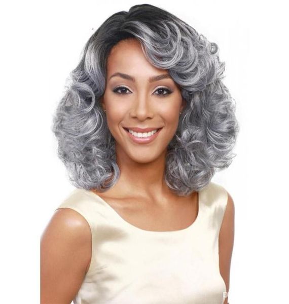 WoodFestival Avó peruca cinza ombre curto ondulado perucas de cabelo sintético encaracolado mulheres afro-americanas fibra resistente ao calor preto7620230