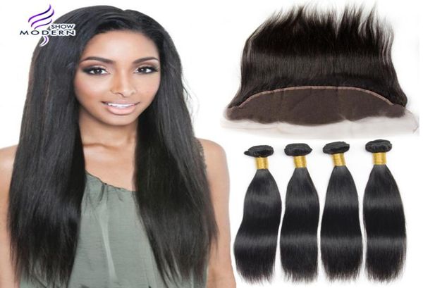 Mink 4 pacotes de cabelo virgem brasileiro com fechamento em linha reta moderno mostrar cabelo humano tecer laço fechamento frontal e bundle8813722