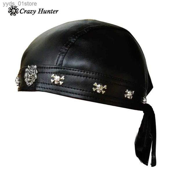 Breite Krempe Hüte Eimer Hüte Kunstleder Biker Totenkopf C Motorrad Bandana Kopf Wr Du Doo Do Rag Schwarzer Hut L240308