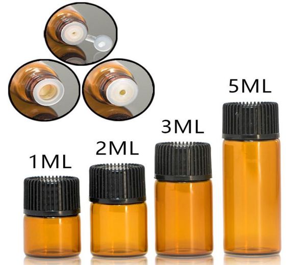 Braunglas-Flaschen für ätherische Öle und Flüssigkeiten, 1, 2, 3, 5 ml, Reagenzglasfläschchen aus Glas mit Kunststoffstopfen, schwarzer Deckel5085603