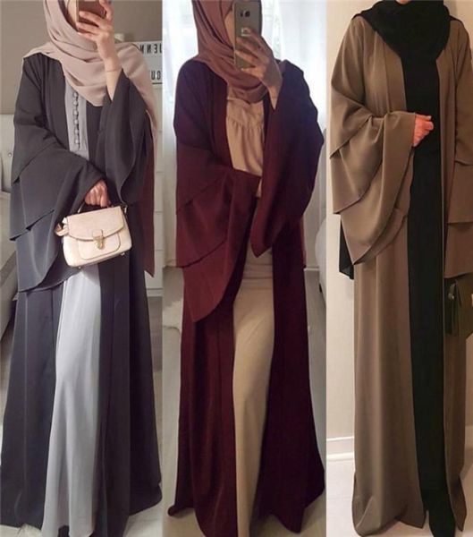 Mode Neue Dubai Abaya Kaftan Türkische Muslimische Frauen Einfarbig Kleid Kleidung Islamischen Drei Etagen Trompete Ärmel Kleider Robe Mu9036509