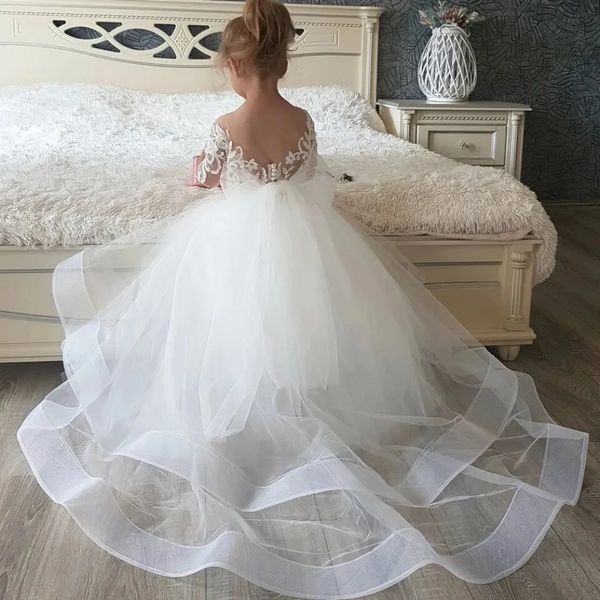 Benutzerdefinierte V-Rücken Spitze Schleife abnehmbare Schwanz Blume Baby Mädchen Kleid für Hochzeit Party kleine Kinder Erstkommunion Kleid 240306