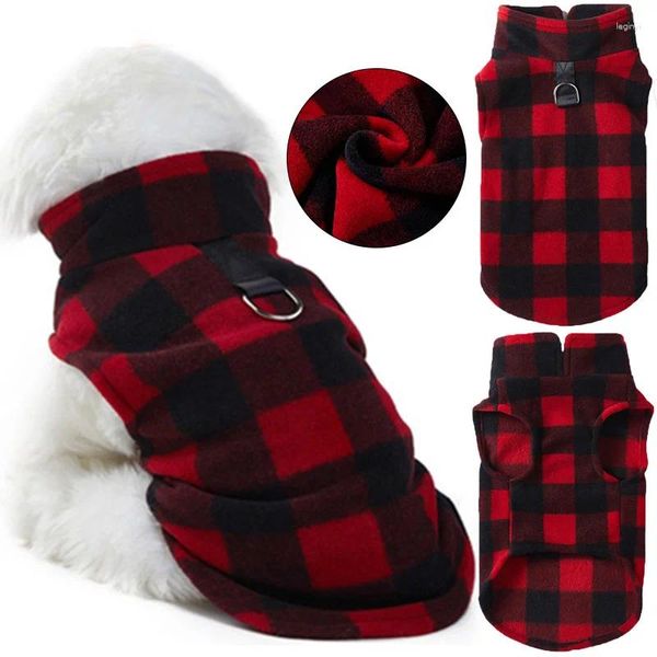 Abbigliamento per cani Gilet scozzese rosso Abbigliamento in morbido pile per cani di piccola taglia Maglietta con imbracatura Guinzaglio D-Ring Cappotto Pug Yorks Natale