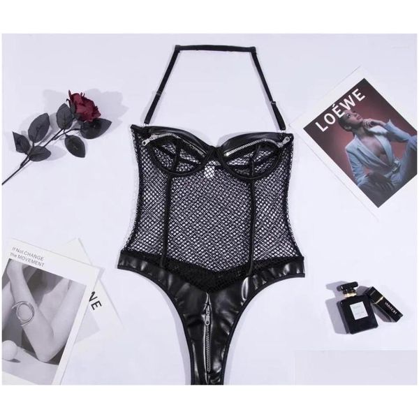 Bras setleri leosoxs siyah örgü seksi porno iç giyim pu deri yular erotik iç çamaşırı shapewear punk tarzı açık sütyen fermuar samir kit otlbq