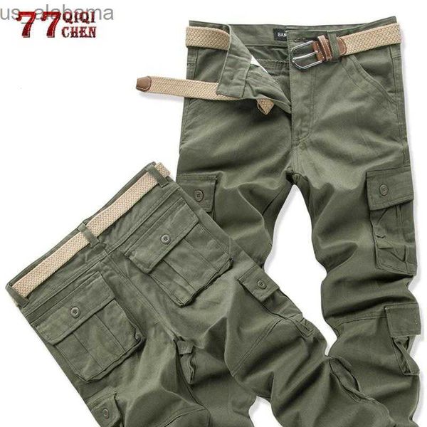 Calças masculinas camuflagem carga calças de algodão multi bolsos militar tático macacão trabalho combate 240308