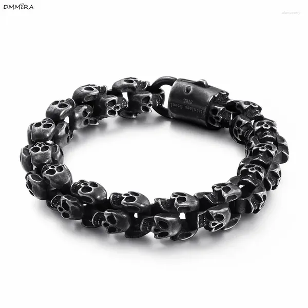 Charme Pulseiras Moda Masculina Retro Todo Esqueleto Preto Aço Inoxidável Muitas Jóias de Corrente de Crânio