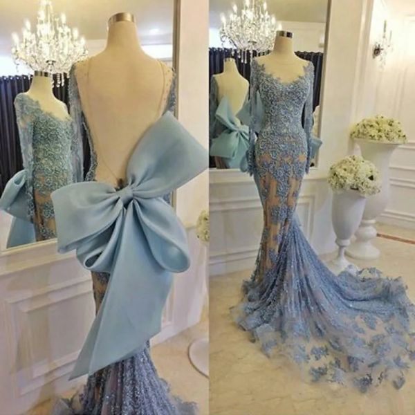 Abiti da sera sexy a sirena lunga Abiye Blu oceano con maniche lunghe Abiti da sera in pizzo senza schienale Robe De Soiree Dubai Prom Abito formale