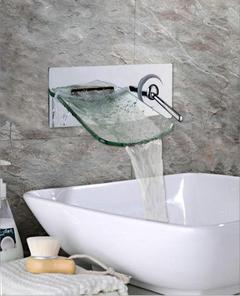 Rubinetto da bagno in ottone cromato con beccuccio in vetro a cascata con maniglia singola e miscelatore freddo8981280