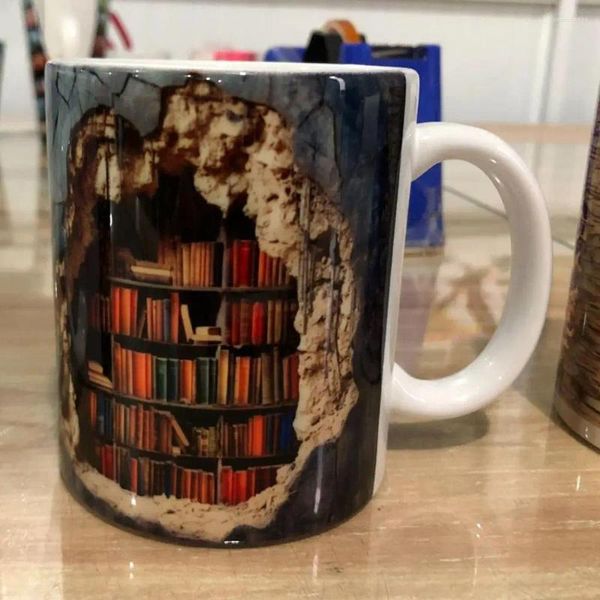 Garrafas de água caneca de café segura para micro-ondas de alta qualidade cerâmica exclusiva 3d copo de estante com alça presente para livro