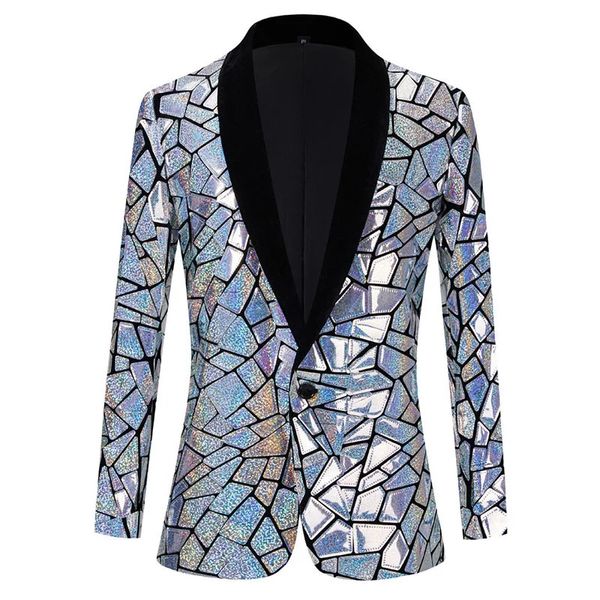 Giacca da smoking con paillettes laser di lusso Giacca da uomo con un bottone Scialle Risvolto Abito da giacca Blazer Maschile Party Stage Prom Cantante Costume Homme 240306