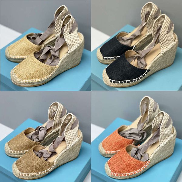 Designer Donna Sandali con zeppa Espadrillas Tacchi alti Piattaforma in pelle Tacchi alla caviglia Stringati Moda estiva Scarpe casual in paglia con scatola 536