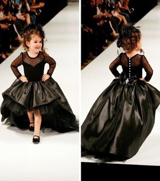 2019 Cupcake Princess Ball Gown Nero Taffetà Alto Basso Abiti da spettacolo per ragazza con maniche lunghe Moda Bambini Abiti da cerimonia Abiti da ballo2054106