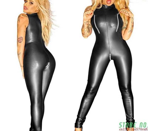 Seksi siyah ıslak görünüm fermuarlı sahte deri tulum pvc lateks catsuit kulüp kostümleri kadınlar açık kasık bodysuit fetiş üniformaları 21566559