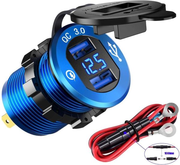 Carga rápida 30 dupla usb carregador tomada à prova dwaterproof água carga rápida com led voltímetro fio fusível kit diy para 12v24v c8366216