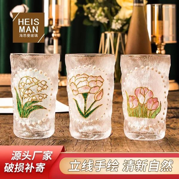 Becher verwelkt Haisiman High Beauty handbemalt Glacier Cup 3D-Blumen-Glas-Netz rot gefrostet Wasser Saft Großhandel