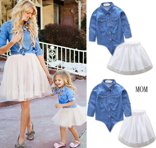 Mutter und Tochter Kleidung Mama und ich passende Familienoutfits Frauen Mädchen Denim Bluse T-Shirt weiß Tutu Rock 2PCS Sets Fam8575826