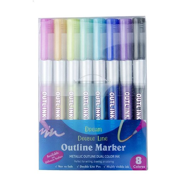 812 Linha Dupla Contorno Marcadores Metálicos Magic Shimmer Paint Pens Set para Crianças Adultos DESENHO Arte Assinatura Coloring Journal 240229