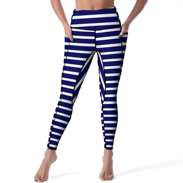 Leggings da donna Blu Bianco a righe Sexy estivo a strisce nautiche Modello Fitness Palestra Pantaloni da yoga Collant sportivi elasticizzati push up con