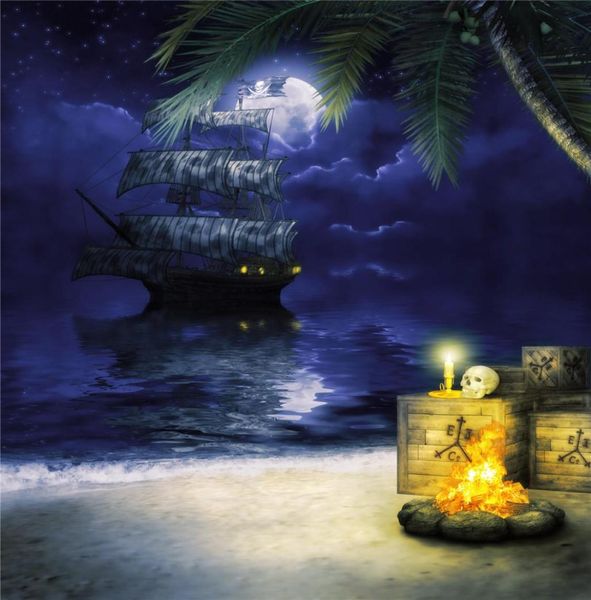 Cielo stellato Nave pirata Pografia Sfondo Blu scuro Notte Scatole del tesoro Mare Palma Bambini Bambini Studio Po Riprendi9488641