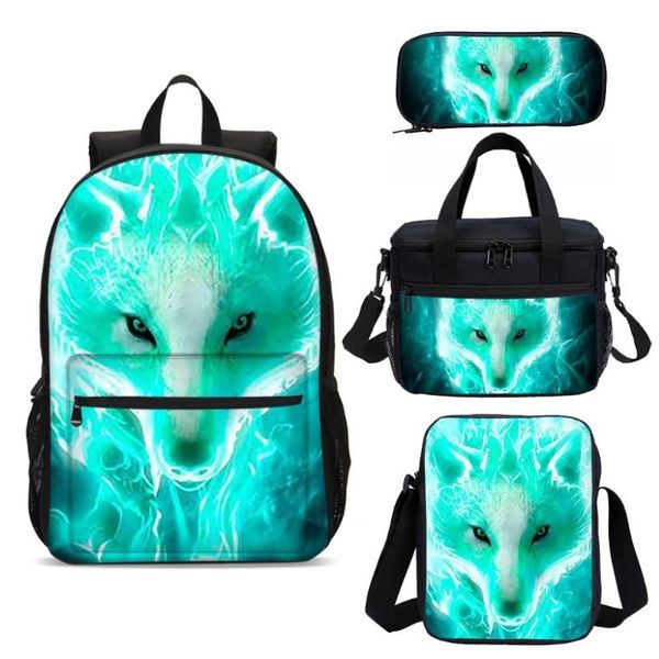 Sacos escolares Padrão de lobo verde 3D Imprimir mochila conjunto 4 pcs saco para criança estudante livro de volta para gift207x