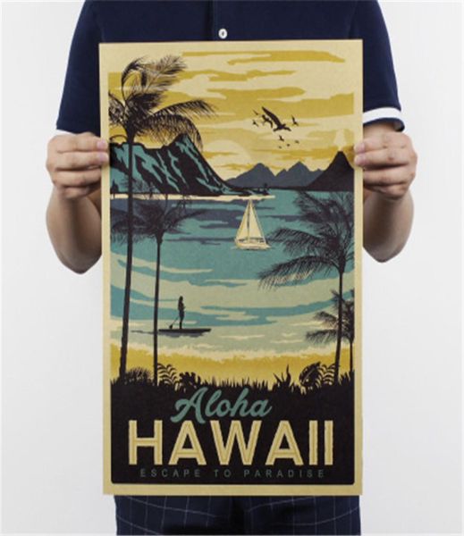 Aloha havaí famoso turista paisagem pintura kraft papel barra cartaz pintura decorativa do vintage adesivo de parede 51x34cm5852493