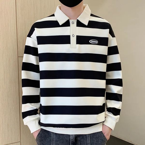 Basit Çizgili T-Shirts Bahar Sonbahar Polo-Neck Düğmesi Mens Giyim Uzun Kollu Koreli Yama Tasarımları Gevşek Polo Gömlekler 240307