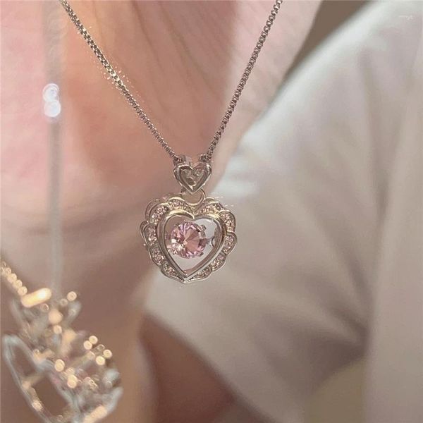 Anhänger Halsketten Koreanische Mode Hohl Rosa Kristall Herz Silber Farbe Kette Hals Halskette Für Frauen Hochzeit Schmuck Geschenk Collares