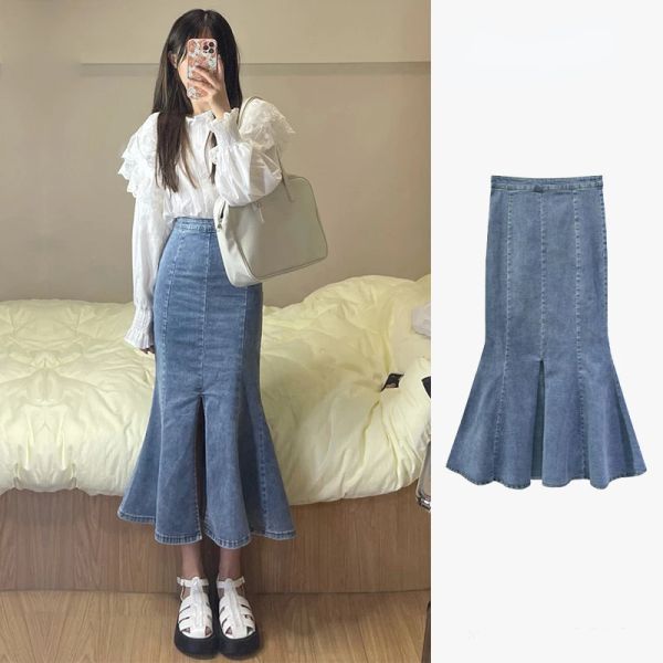 Kleider Sommer Herbst Elegante Koreanische Hohe Taille Stretch Meerjungfrau Rock Sexy Vintage Splited Gabel Hipwrap Lange Denim Trompete Rock Frauen