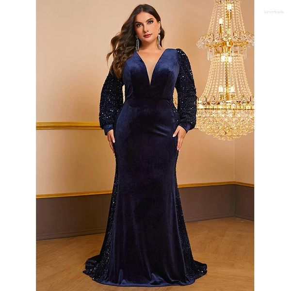 Lässige Kleider Herbst Winter Damen Kleidung Langarm V-Ausschnitt Rückenfrei Blau Samt Pailletten Besondere Anlässe Abend Party Meerjungfrau Kleid