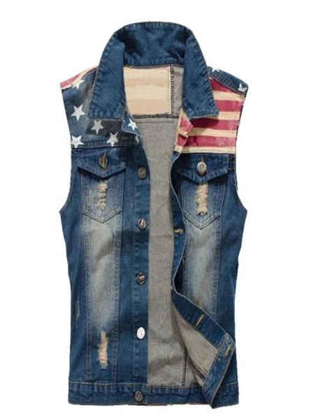 Ginzous Men039s Sıradan Yıldızlar ve Şerit Baskı Yama Tasarım Denim Yelek Amerikan Bayrak Delikleri Yırtık Palto Plus büyük boy tank Top758279971631