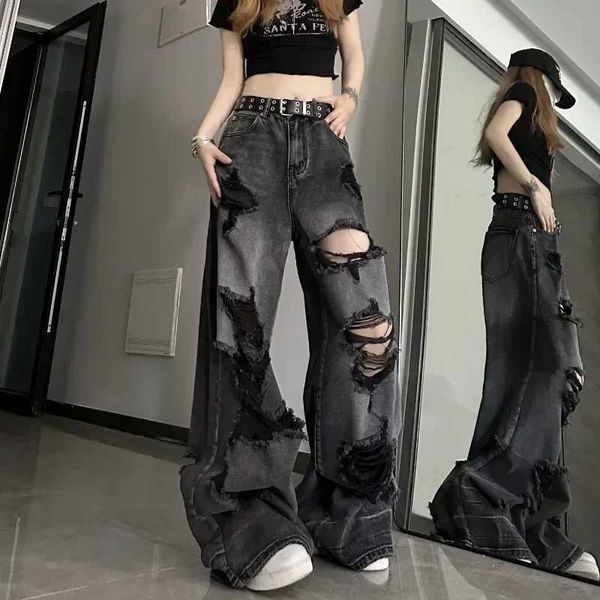 Jeans femininos Deeptown preto Y2k jeans rachados Harajuku mulheres gótico grunge ensacado calças jeans coreano roupas de rua Gyaru Calças Kpop hippie novo J240306