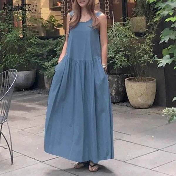 Elegante Denim Blau Kleid Sommer Sommerkleid 2023 ZANZEA Ärmellose Tank Vestidos Weibliche Plissee Strand Robe 7 240308