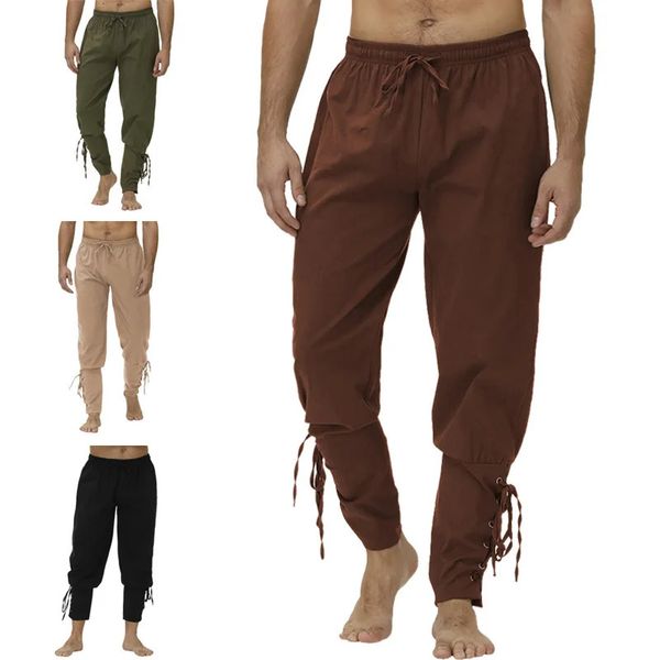 Primavera verão masculino casual cor sólida calças harlan masculino medieval viking traje pirata calças rendas até 240309