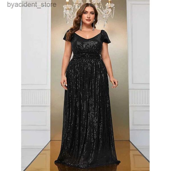 Abiti sexy urbani Taglie forti Manica corta Sciolto Viola con paillettes Abito da sera elegante 4XL 5XL Abito lungo con paillettes alla moda di grandi dimensioni per le donne L240309