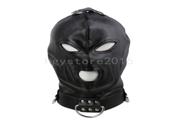 Bondage Viso Occhi Gimp Cappuccio Imbracatura Bocca aperta Pelle PU Cappuccio completo Maschera Benda Nuovo A6754475009