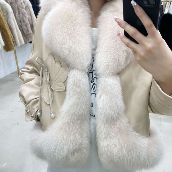 2023 haining novo outono/inverno estilo curto luz luxo celebridade gola de raposa couro integrado casaco de pele carneiro para mulher 686498