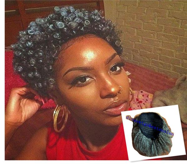 Muhteşem Kısa Gri Kinky Ponytail İnsan Saç Uzatma Siyah Kadınlar Afro Puff Gümüş Gri İki Ton Karışımı Tuz N Biber Natural7840918