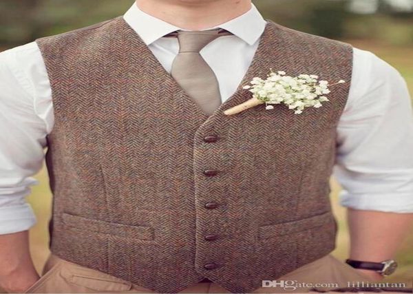 Country Farm Wedding Gilet da sposo in tweed marrone a spina di pesce in lana Slim Fit Gilet da sposa Abito da uomo Gilet Goomsmen Abito da sposa aggiustato 1215661