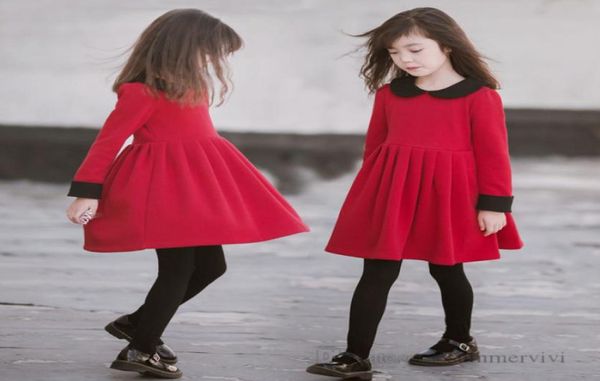 Grandi ragazze abiti plissettati rossi bambini contrasto colore colletto bambola abito manica lunga natale bambini principessa abbigliamento Q22883475243