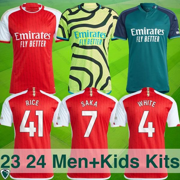 23 24 Gunners Soccer Jerseys-Rice, Saka, White Editions.Premium para fãs - casa, fora, terceiros kits, coleção infantil.Nome de personalização, número